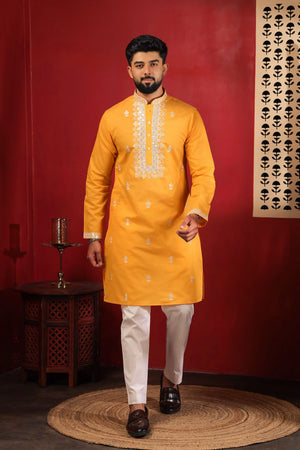 Mens Yellow Embroidered Cotton Kurta Set (ACA9283)