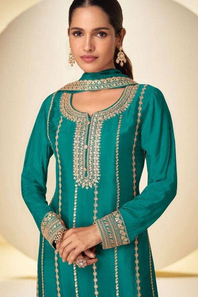 Turquoise Heavy Embroidered Chinon Free Size Stithced Sharara Suit (ACA9284)