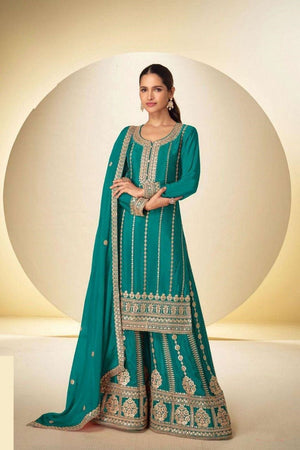 Turquoise Heavy Embroidered Chinon Free Size Stithced Sharara Suit (ACA9284)