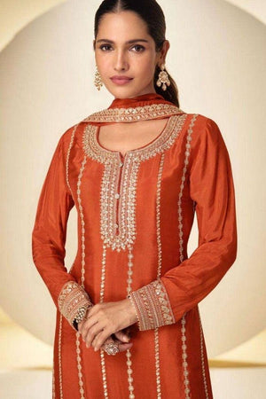 Orange Sequin Embroidered Chinon Free Size Stithced Sharara Suit (ACA9285)