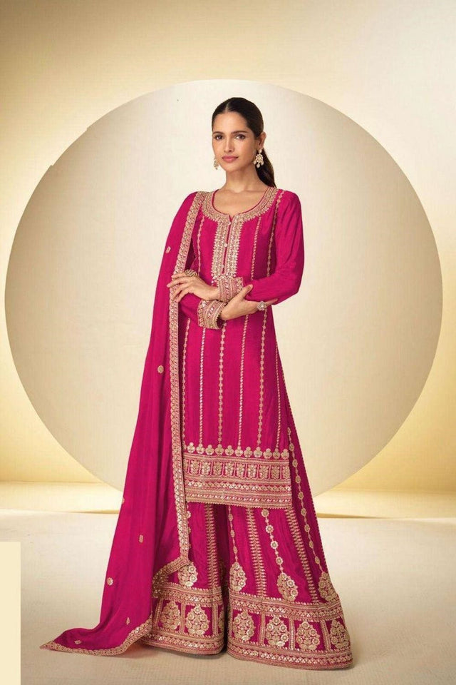 Pink Sequin Embroidered Chinon Free Size Stithced Sharara Suit (ACA9286)