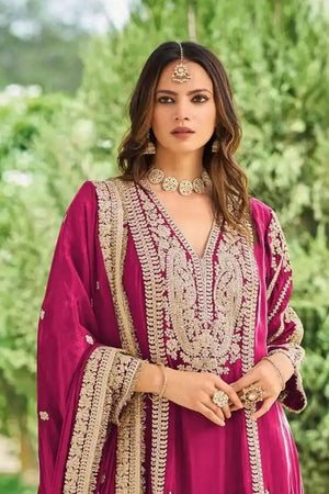 Magenta Heavy Embroidered Chinon Free Size Stithced Sharara Suit (ACA9287)