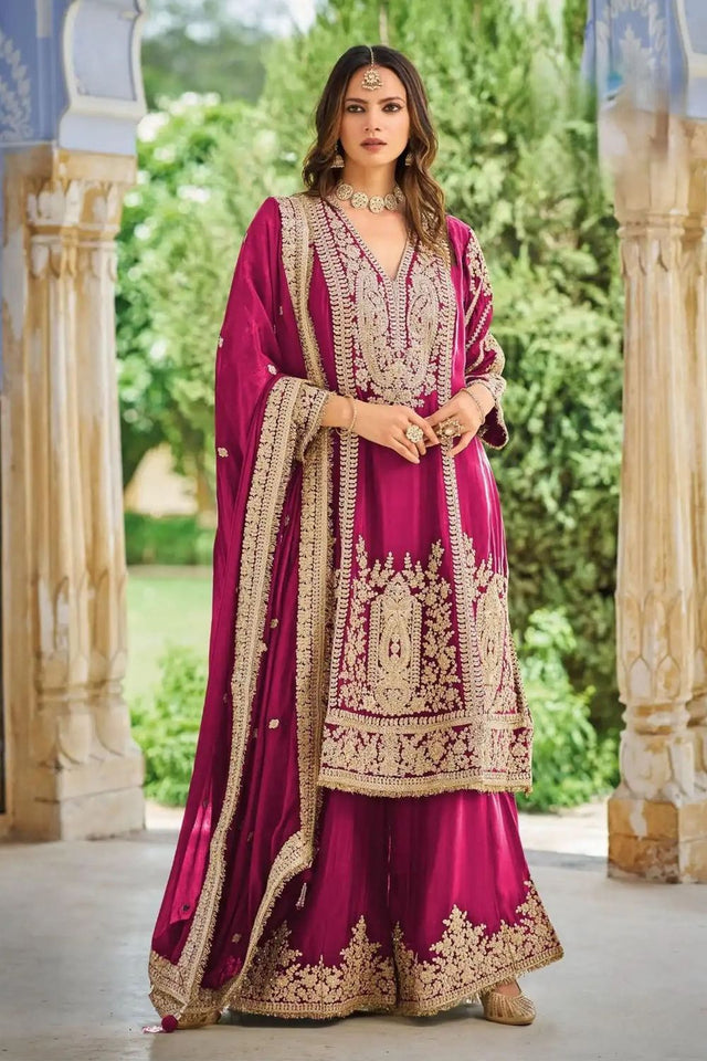 Magenta Heavy Embroidered Chinon Free Size Stithced Sharara Suit (ACA9287)