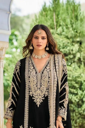 Black Heavy Embroidered Chinon Free Size Stithced Sharara Suit (ACA9288)