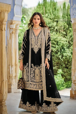 Black Heavy Embroidered Chinon Free Size Stithced Sharara Suit (ACA9288)