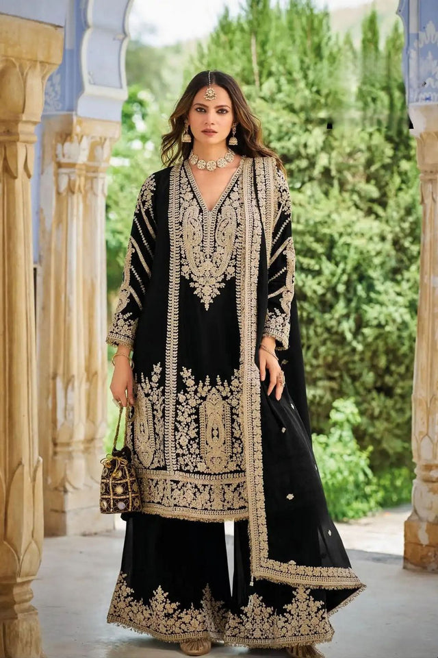 Black Heavy Embroidered Chinon Free Size Stithced Sharara Suit (ACA9288)