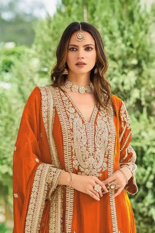 Orange Heavy Embroidered Chinon Free Size Stithced Sharara Suit (ACA9289)