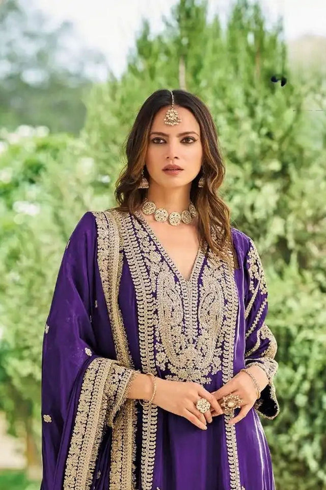 Purple Heavy Embroidered Chinon Free Size Stithced Sharara Suit (ACA9290)