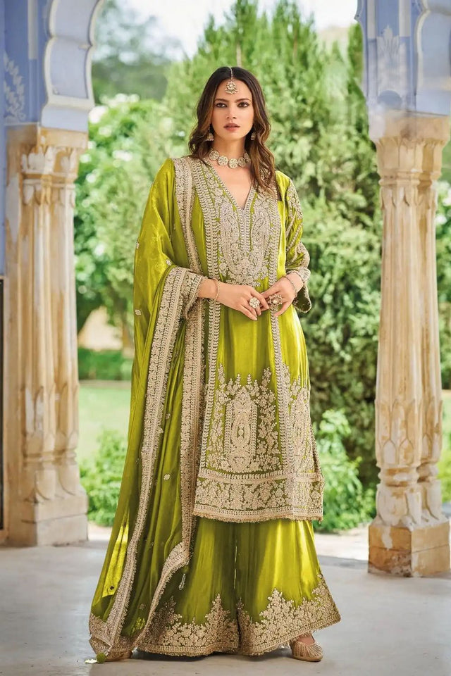 Olive Green Heavy Embroidered Chinon Free Size Stithced Sharara Suit (ACA9291)