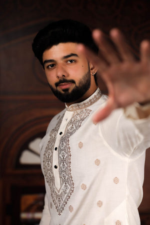 Mens White Jacquard Cotton Kurta Set (ACA9292)