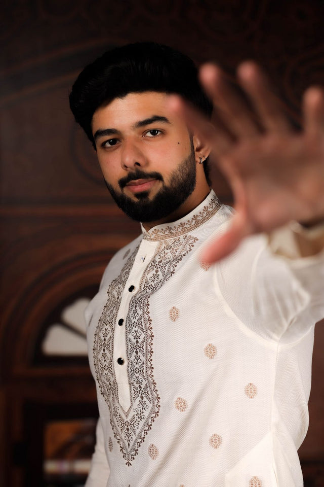 Mens White Jacquard Cotton Kurta Set (ACA9292)
