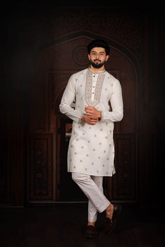 Mens White Jacquard Cotton Kurta Set (ACA9292)