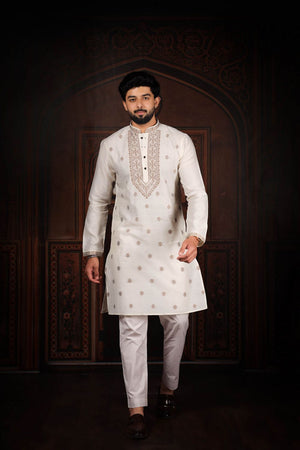 Mens White Jacquard Cotton Kurta Set (ACA9292)