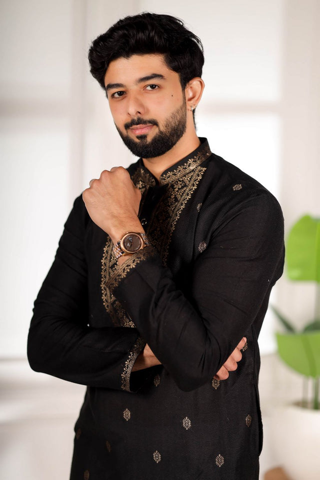 Mens Black Jacquard Cotton Kurta Set (ACA9293)