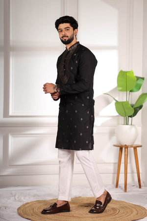 Mens Black Jacquard Cotton Kurta Set (ACA9293)