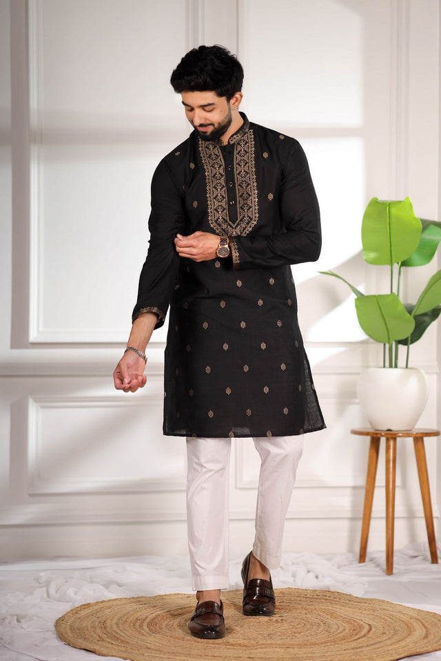 Mens Black Jacquard Cotton Kurta Set (ACA9293)