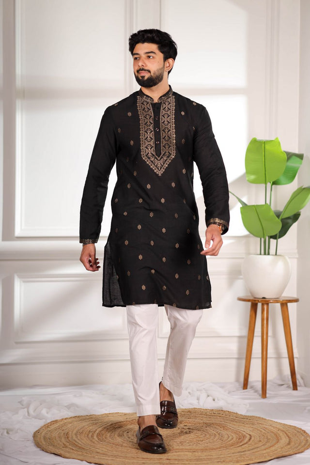 Mens Black Jacquard Cotton Kurta Set (ACA9293)