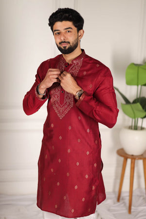 Mens Maroon Jacquard Cotton Kurta Set (ACA9294)