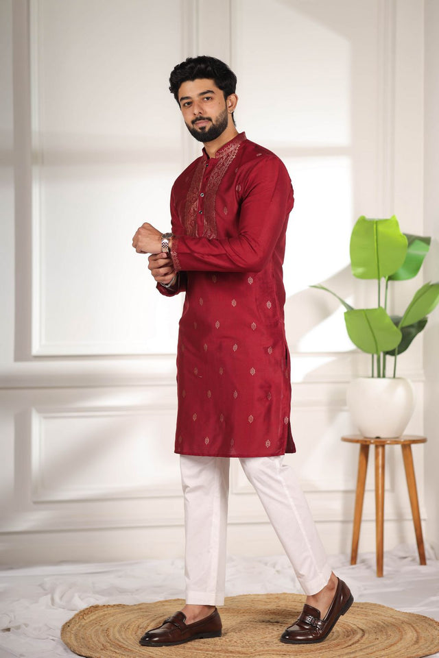 Mens Maroon Jacquard Cotton Kurta Set (ACA9294)