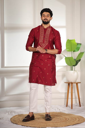 Mens Maroon Jacquard Cotton Kurta Set (ACA9294)