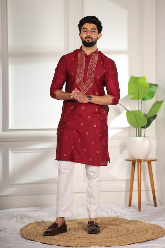 Mens Maroon Jacquard Cotton Kurta Set (ACA9294)