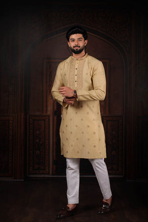 Mens Brown Jacquard Cotton Kurta Set (ACA9295)