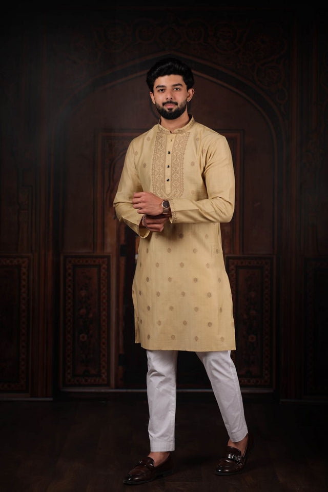 Mens Brown Jacquard Cotton Kurta Set (ACA9295)