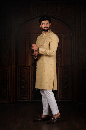 Mens Brown Jacquard Cotton Kurta Set (ACA9295)