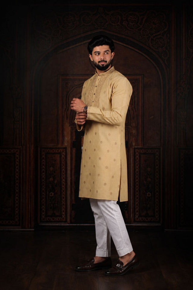 Mens Brown Jacquard Cotton Kurta Set (ACA9295)