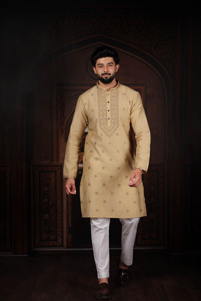 Mens Brown Jacquard Cotton Kurta Set (ACA9295)