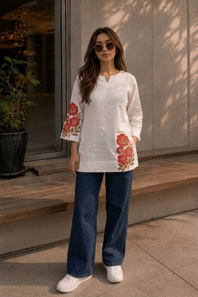 Off White Floral Printed Cotton Top (ACA9296)