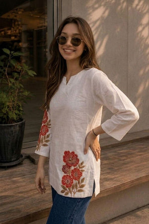 Off White Floral Printed Cotton Top (ACA9296)