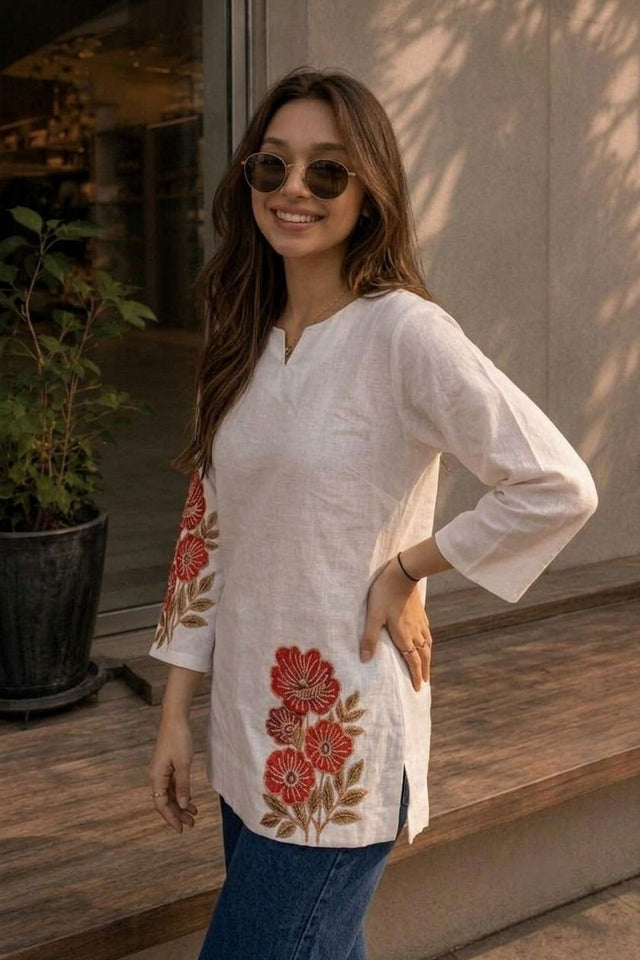 Off White Floral Printed Cotton Top (ACA9296)