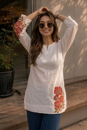 Off White Floral Printed Cotton Top (ACA9296)