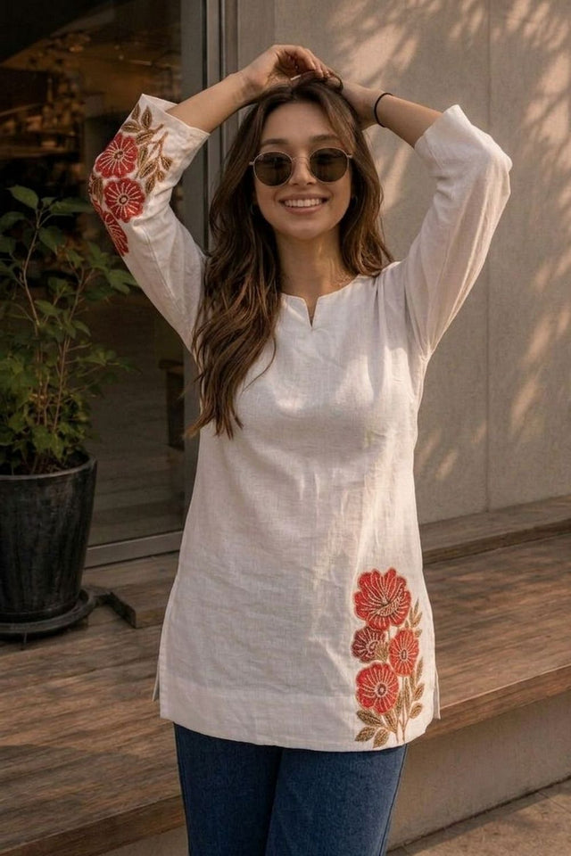Off White Floral Printed Cotton Top (ACA9296)