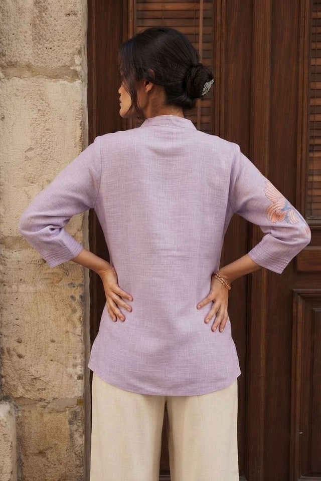 Lavender Floral Embroidered Cotton Blend Top (ACA9298)