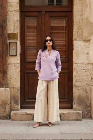 Lavender Floral Embroidered Cotton Blend Top (ACA9298)