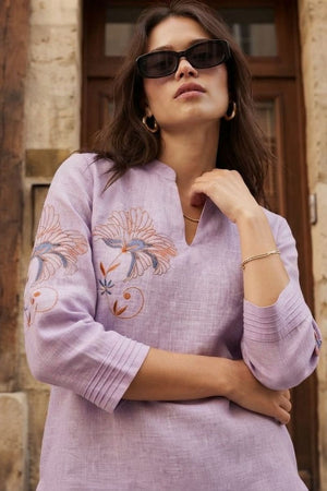 Lavender Floral Embroidered Cotton Blend Top (ACA9298)