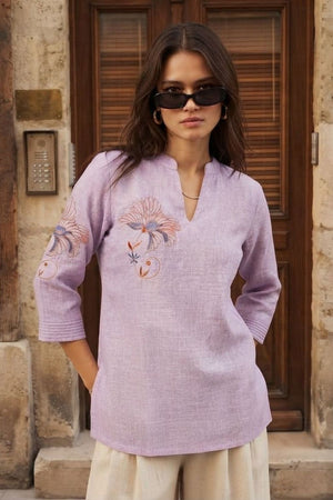 Lavender Floral Embroidered Cotton Blend Top (ACA9298)