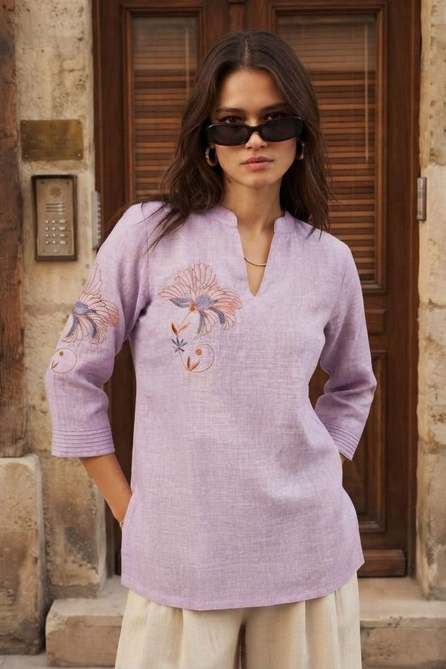 Lavender Floral Embroidered Cotton Blend Top (ACA9298)