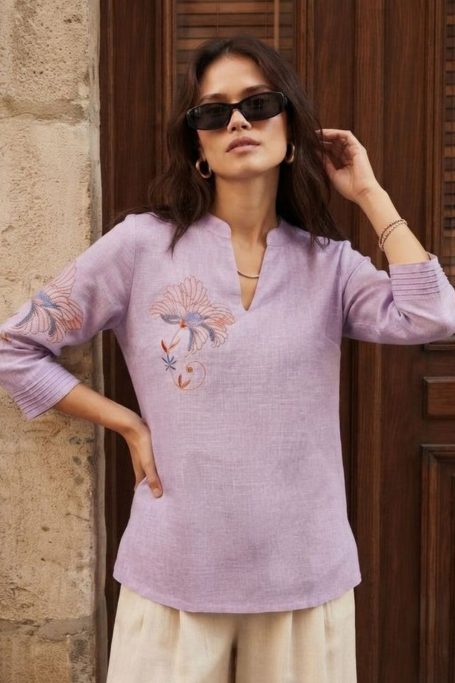 Lavender Floral Embroidered Cotton Blend Top (ACA9298)
