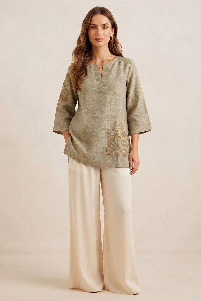 Olive Green Floral Embroidered Cotton Blend Top (ACA9299)