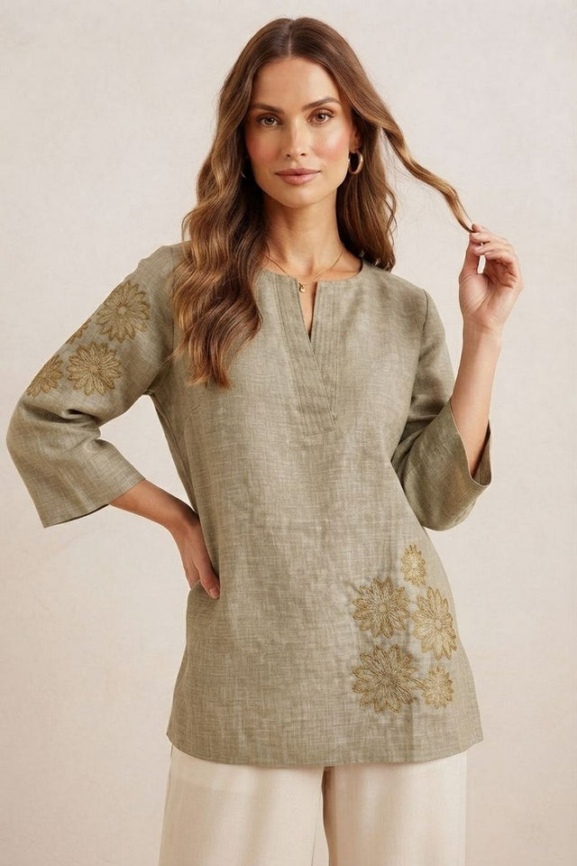 Olive Green Floral Embroidered Cotton Blend Top (ACA9299)
