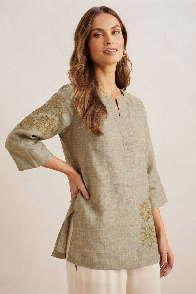 Olive Green Floral Embroidered Cotton Blend Top (ACA9299)