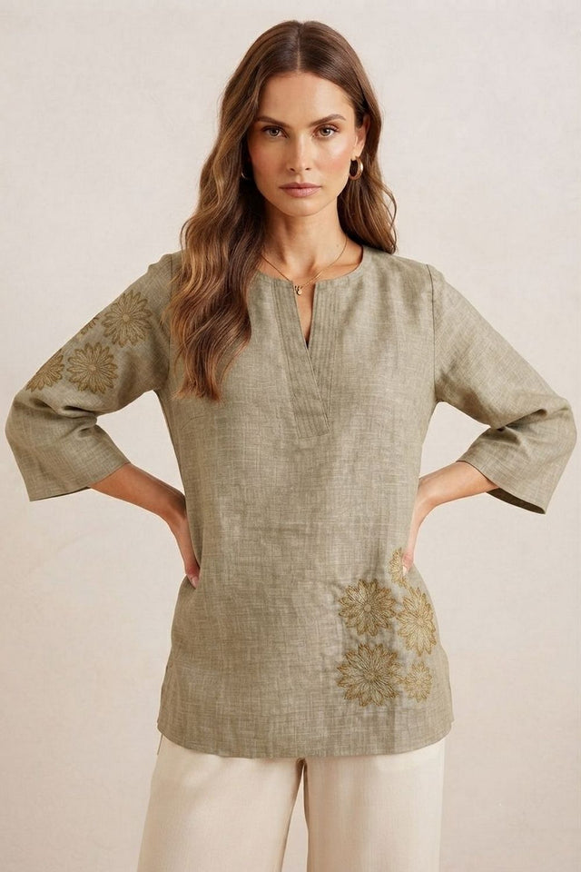 Olive Green Floral Embroidered Cotton Blend Top (ACA9299)