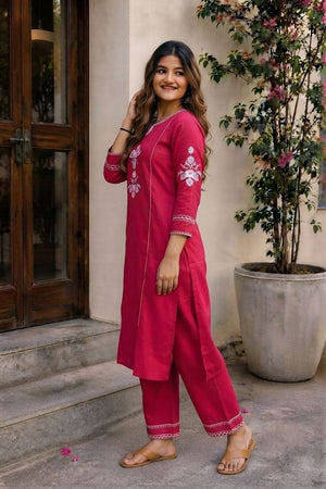 Pink Embroidered Cotton Kurti Pant Set (ACA9301)