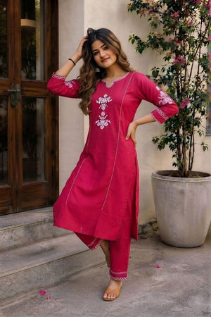 Pink Embroidered Cotton Kurti Pant Set (ACA9301)