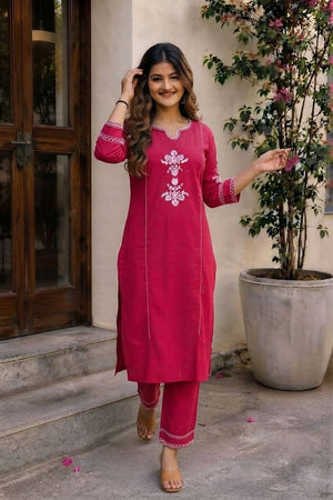 Pink Embroidered Cotton Kurti Pant Set (ACA9301)