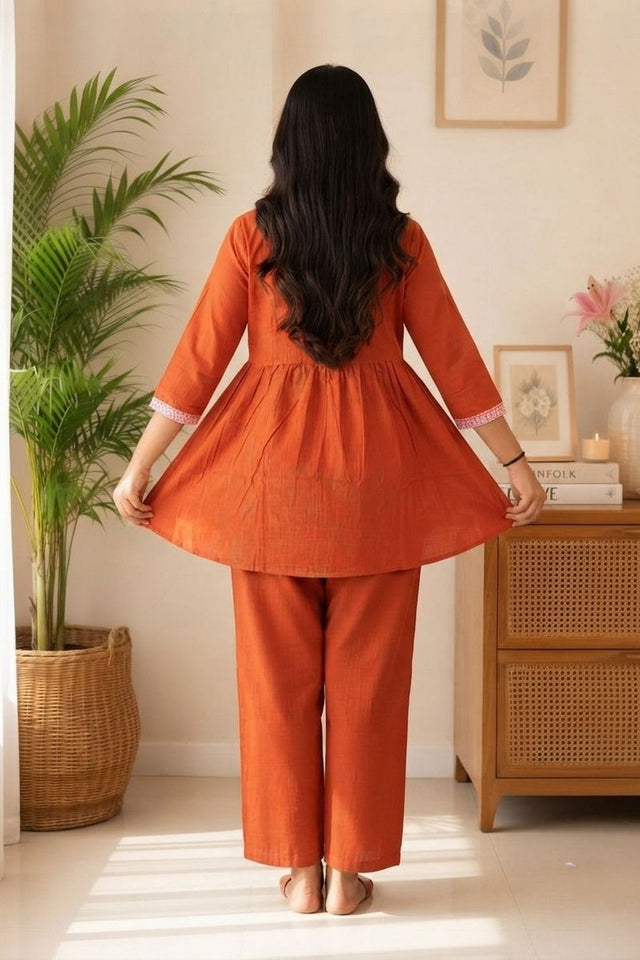 Rust Embroidered Cotton Kurti Pant Set (ACA9302)