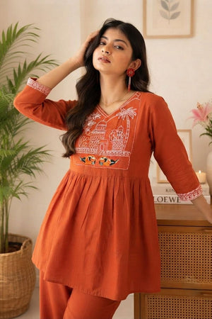 Rust Embroidered Cotton Kurti Pant Set (ACA9302)